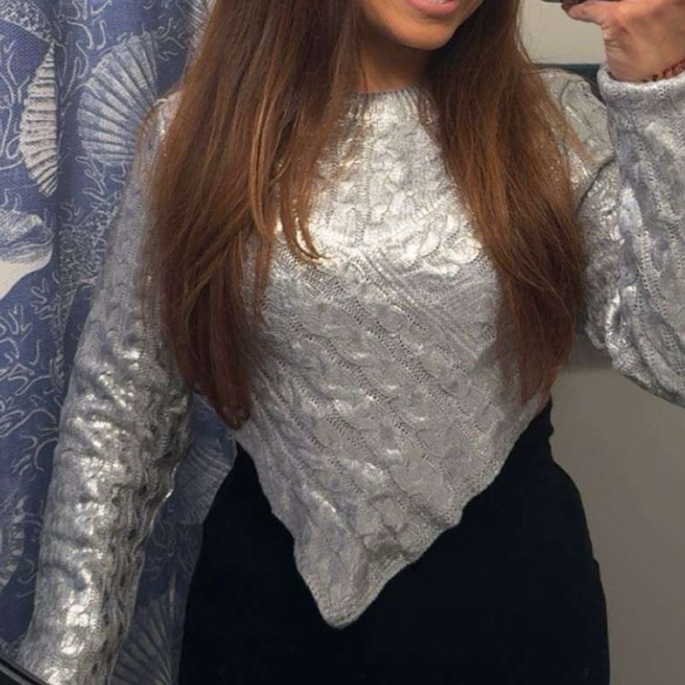 Silver Shimmery Cable-Knit Women's Sweater Top